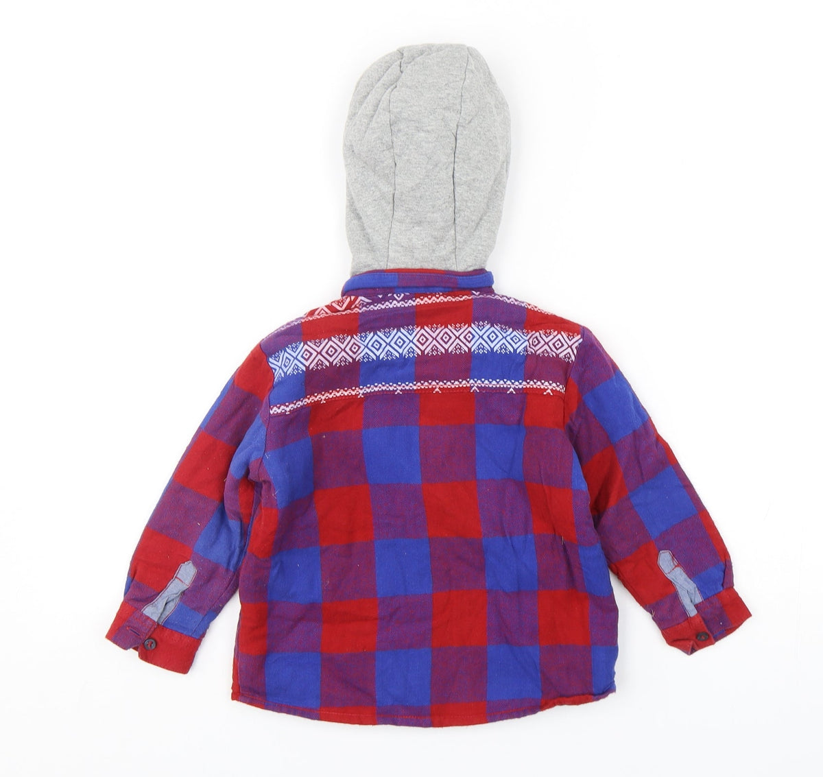 Back view of Next boys’ multicoloured check cotton basic button-up, size 2-3, years v-neck button - shirt with hood