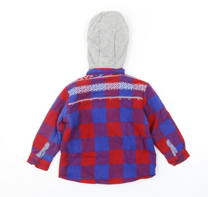 Back view of Next boys’ multicoloured check cotton basic button-up, size 2-3, years v-neck button - shirt with hood