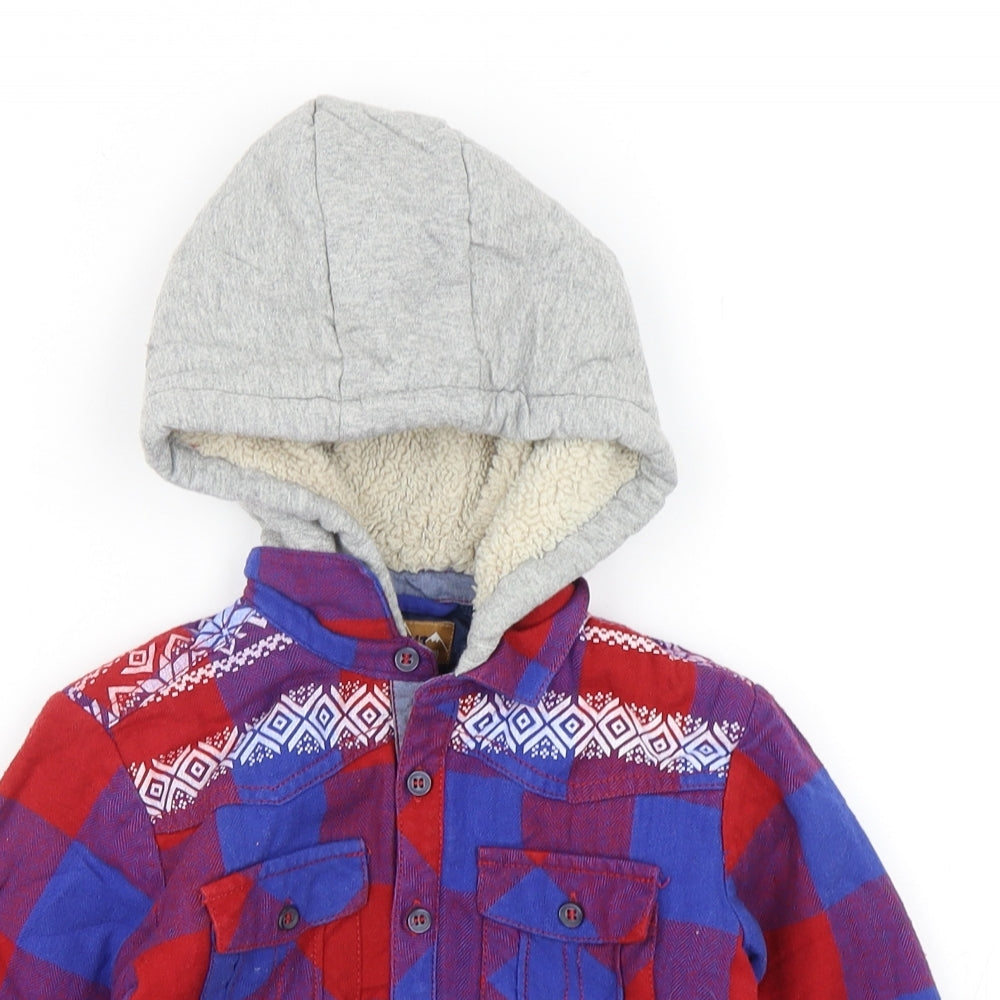 Close-up detail of Next boys’ multicoloured check cotton basic button-up, size 2-3, years v-neck button - shirt with hood