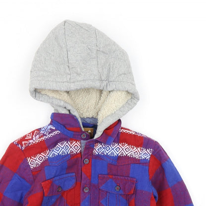 Close-up detail of Next boys’ multicoloured check cotton basic button-up, size 2-3, years v-neck button - shirt with hood