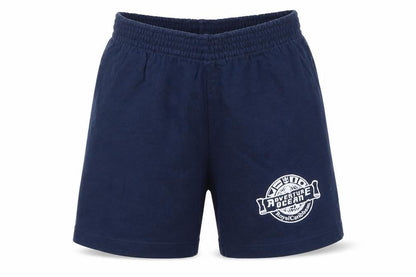 Front view of Rabbit Skins boys’ blue cotton sweat shorts, size 4, years regular drawstring