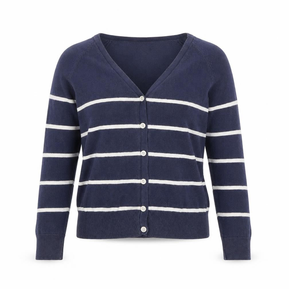 Front view of H&M women’s blue v-neck striped cotton cardigan jumper, size S