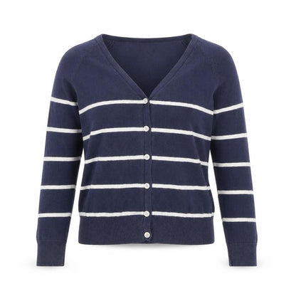 Front view of H&M women’s blue v-neck striped cotton cardigan jumper, size S