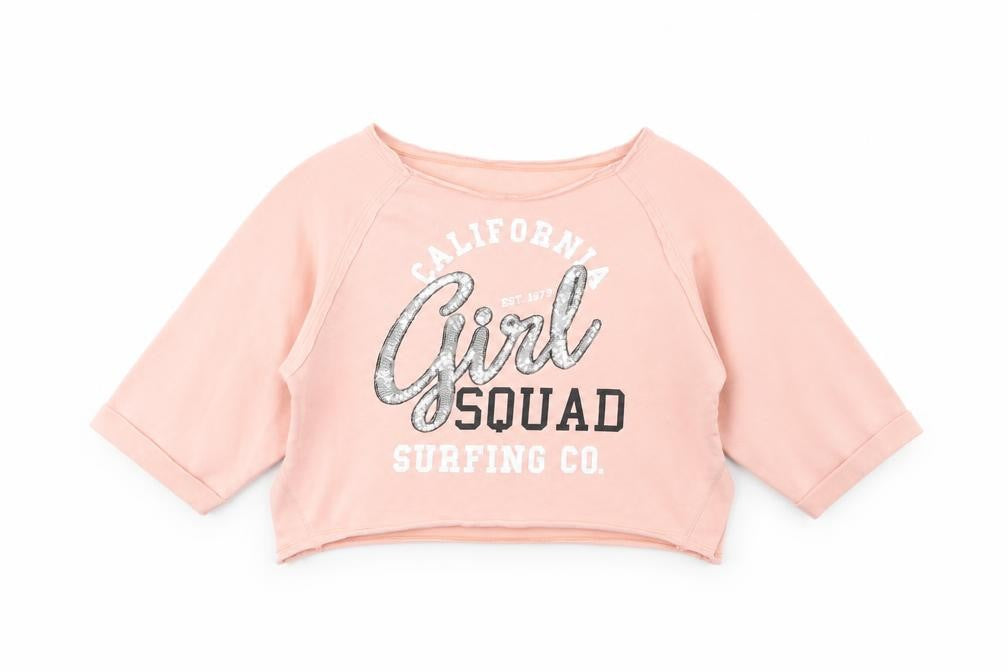 Front view of River Island girls’ pink cotton pullover sweatshirt, size 5-6, years pullover - california