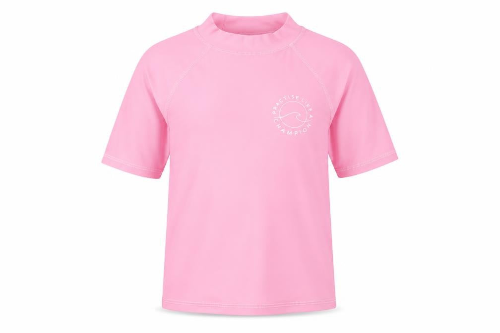 Front view of Marks girls’ pink polyamide pullover t-shirt, size 6-7, years mock neck pullover