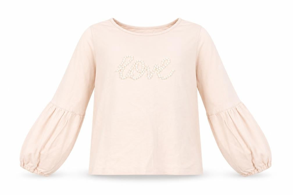 Front view of Tu girls’ pink cotton pullover sweatshirt, size 8, years pullover - love