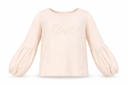 Front view of Tu girls’ pink cotton pullover sweatshirt, size 8, years pullover - love