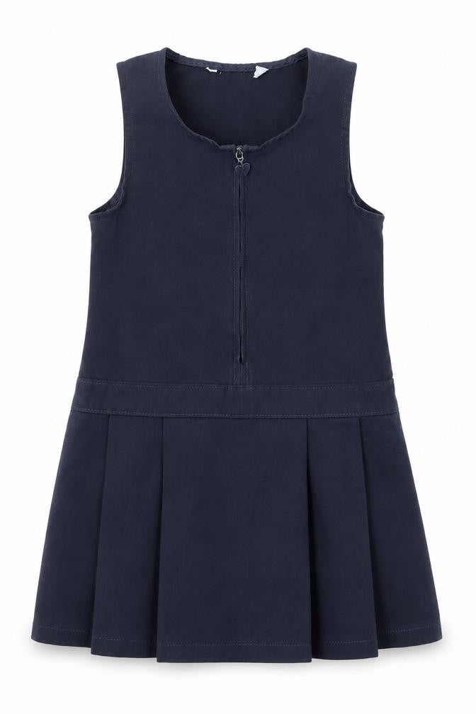 Front view of Marks & Spencer girls’ blue polyester pinafore/dungaree dress, size 3-4, years scoop neck zip - school wear