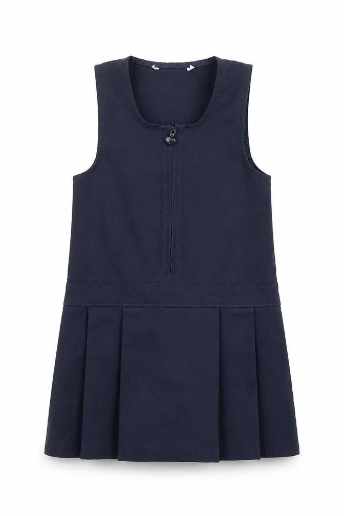 Front view of Marks & Spencer girls’ blue polyester pinafore/dungaree dress, size 2-3, years scoop neck zip - school wear