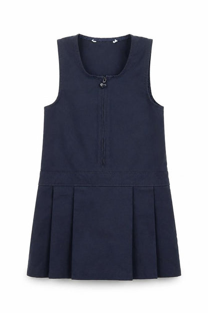 Front view of Marks & Spencer girls’ blue polyester pinafore/dungaree dress, size 2-3, years scoop neck zip - school wear