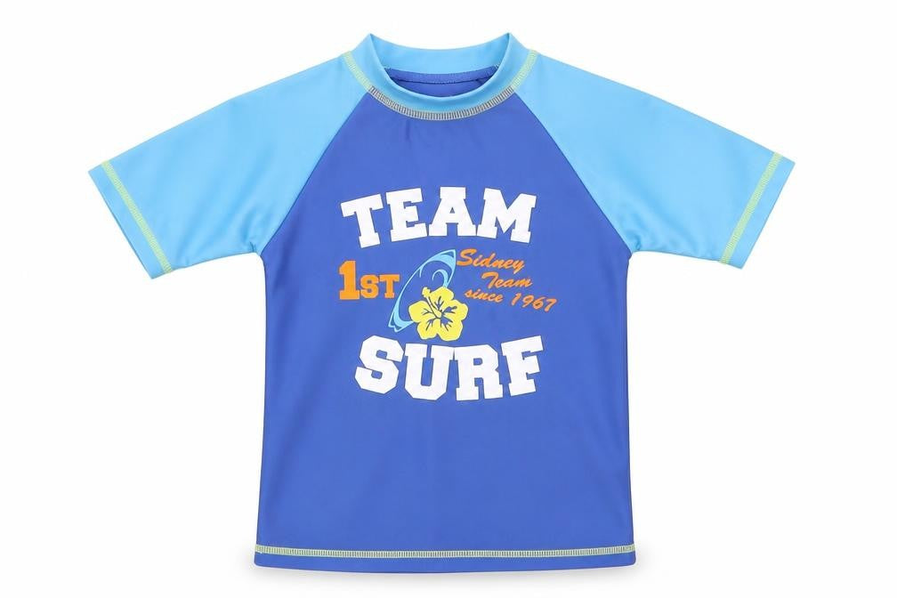 Front view of Free Summer girls’ blue colourblock polyester pullover t-shirt, size 3-4, years mock neck pullover - team surf