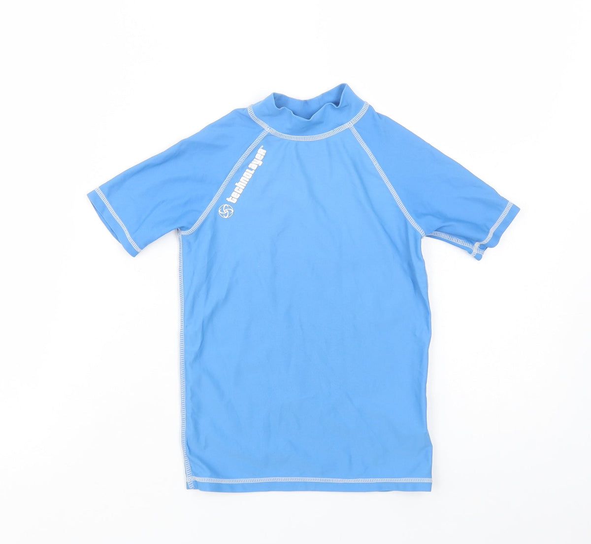Additional front view of Technolayer boys’ blue nylon pullover t-shirt, size 5-6, years mock neck pullover