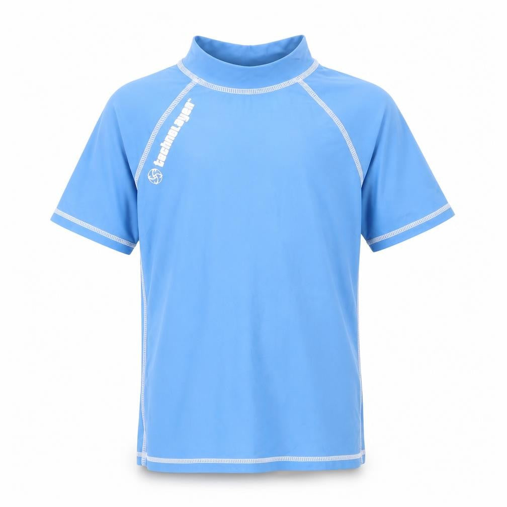 Front view of Technolayer boys’ blue nylon pullover t-shirt, size 5-6, years mock neck pullover