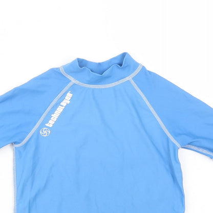 Close-up detail of Technolayer boys’ blue nylon pullover t-shirt, size 5-6, years mock neck pullover