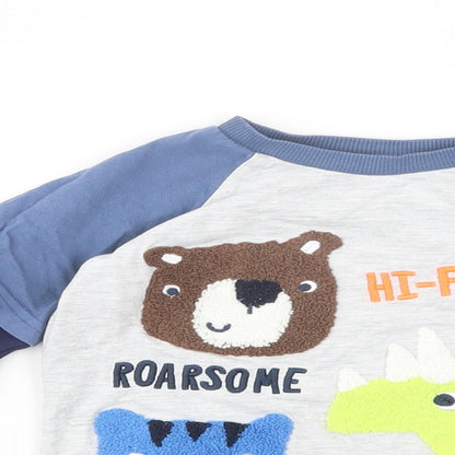 F&F Boys Grey Colourblock Cotton Pullover T-Shirt Size 2-3 Years Crew Neck Pullover - Roarsome Dude