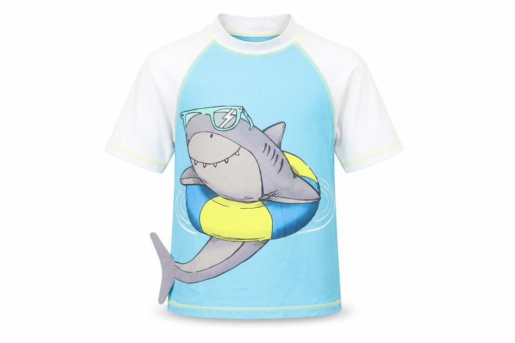 Front view of F&F girls’ blue colourblock polyester pullover t-shirt, size 3-4, years mock neck pullover - shark
