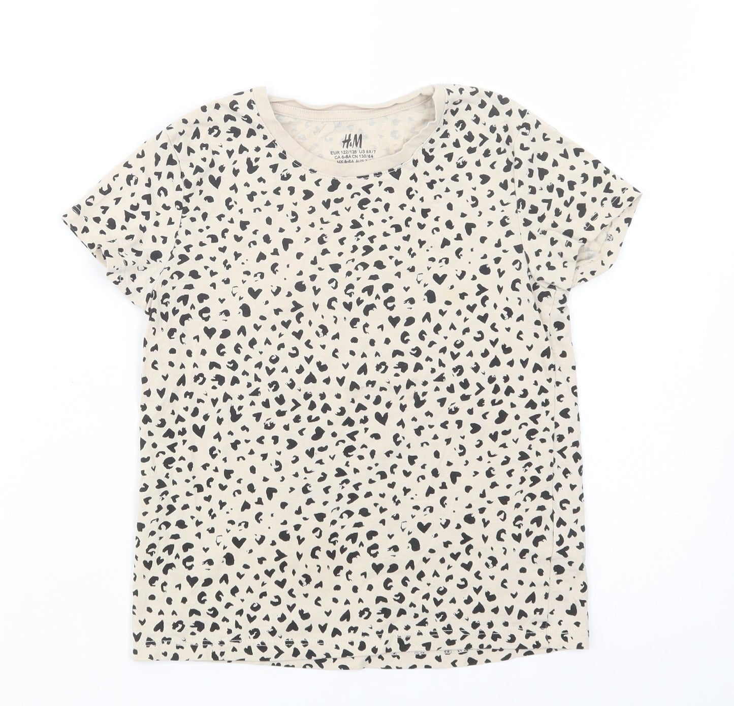 H&M Girls Beige Animal Print Cotton Pullover T-Shirt Size 6-7 Years Crew Neck Pullover