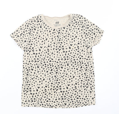 H&M Girls Beige Animal Print Cotton Pullover T-Shirt Size 6-7 Years Crew Neck Pullover