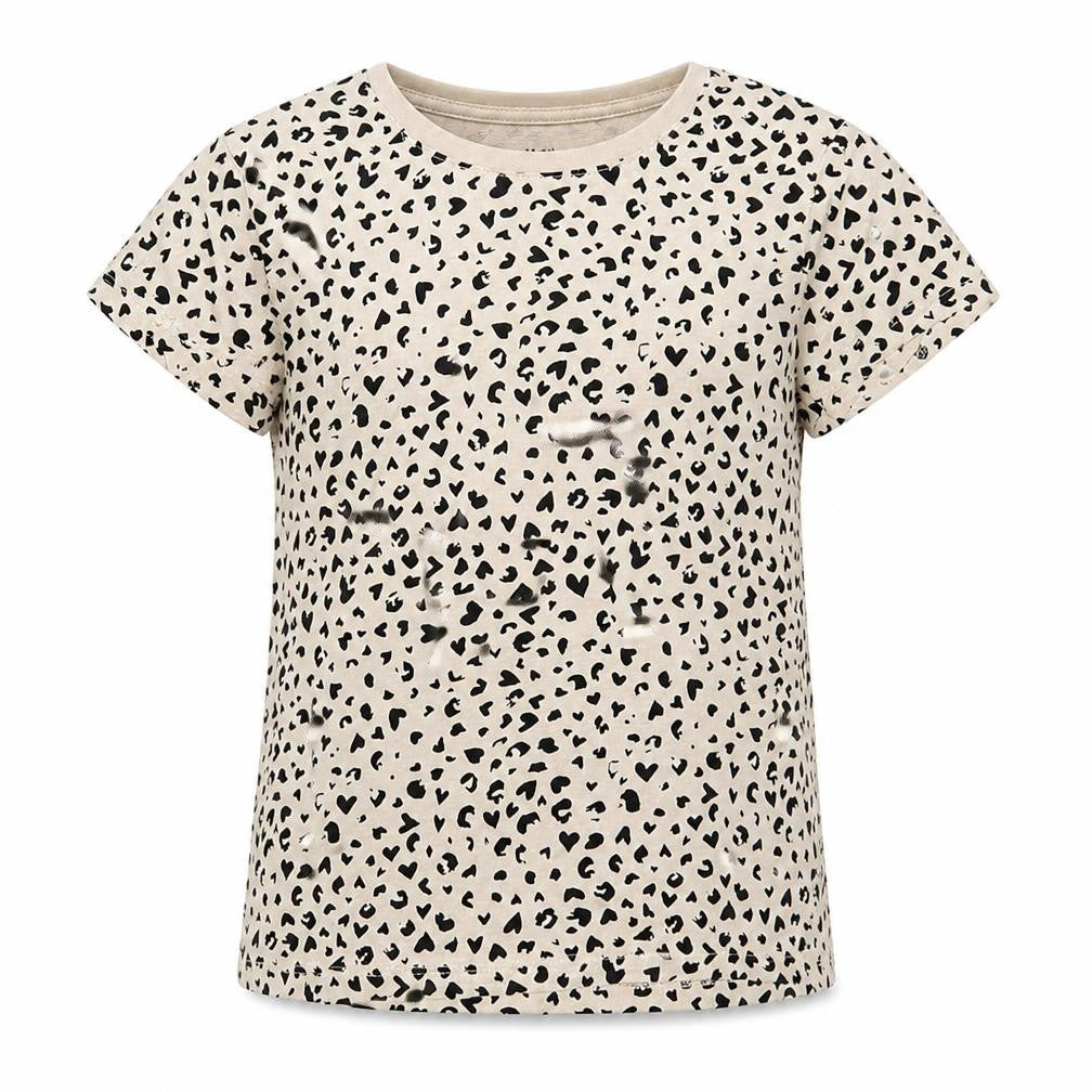Front view of H&M girls’ beige animal print cotton pullover t-shirt, size 6-7, years crew neck pullover