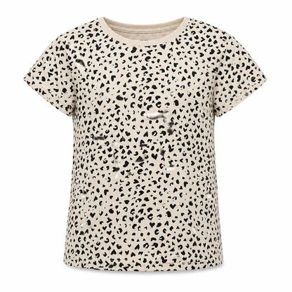 Front view of H&M girls’ beige animal print cotton pullover t-shirt, size 6-7, years crew neck pullover