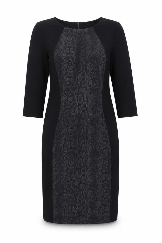 Front view of Libra women’s beige animal print polyester pencil dress, size UK 12, crew neck zip