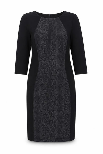 Front view of Libra women’s beige animal print polyester pencil dress, size UK 12, crew neck zip