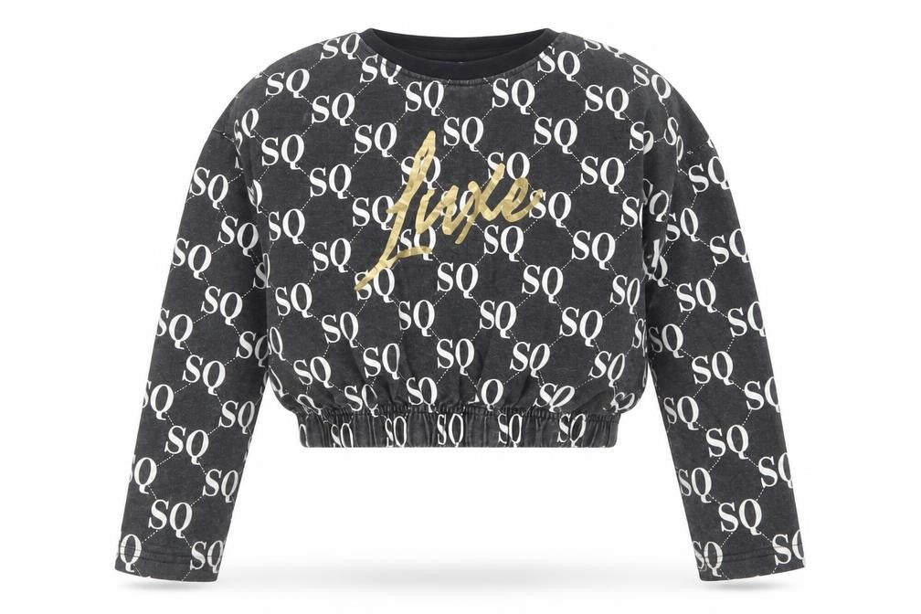 Front view of Studio girls’ black geometric cotton pullover sweatshirt, size 8-9, years pullover - cropped