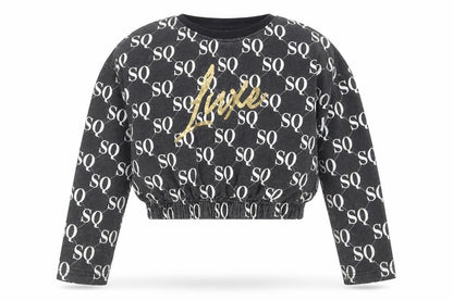 Front view of Studio girls’ black geometric cotton pullover sweatshirt, size 8-9, years pullover - cropped