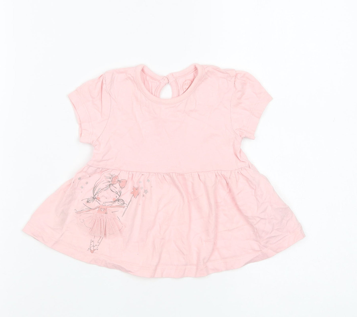 Primark Baby Pink  Cotton Pullover T-Shirt Size 6-9 Months Crew Neck Button - Ballerina