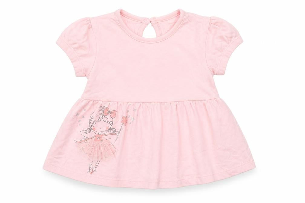 Front view of Primark Baby Pink Cotton Pullover T-Shirt, size 6-9, Months Crew Neck Button - Ballerina