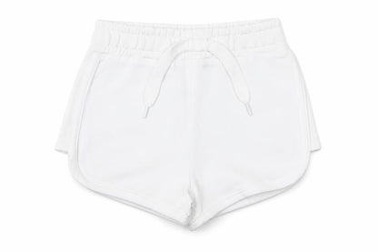 Front view of Dunes girls’ white cotton sweat shorts, size 5, years regular drawstring