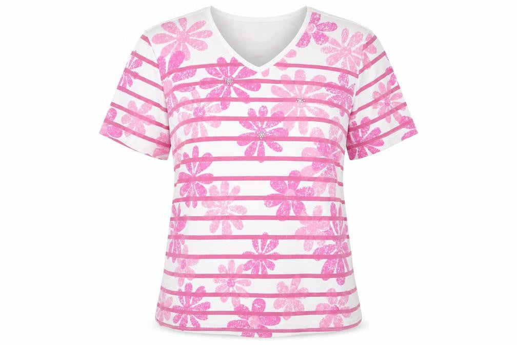 Front view of Angelina women’s white floral polyester basic t-shirt, size L, v-neck