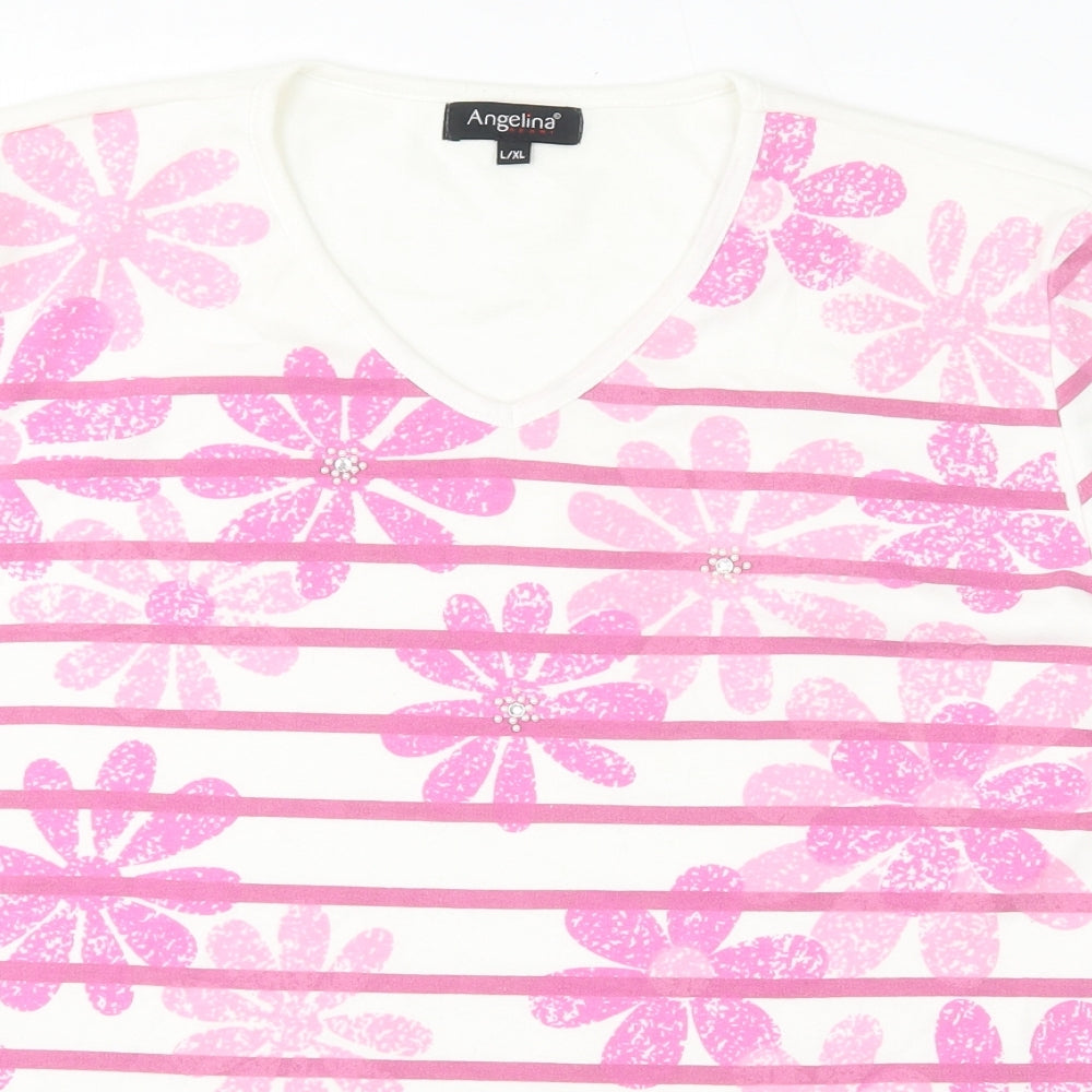 Angelina Womens White Floral Polyester Basic T-Shirt Size L V-Neck