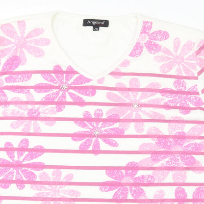 Angelina Womens White Floral Polyester Basic T-Shirt Size L V-Neck