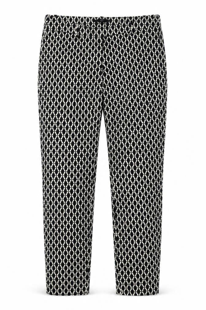 Front view of H&M women’s black geometric cotton trousers, size UK 10, 25-inch leg regular button