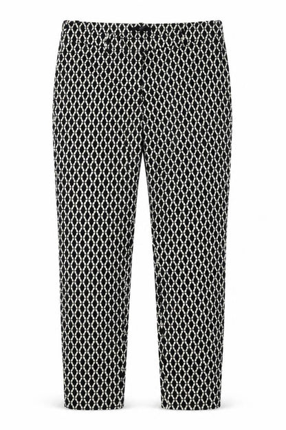 Front view of H&M women’s black geometric cotton trousers, size UK 10, 25-inch leg regular button