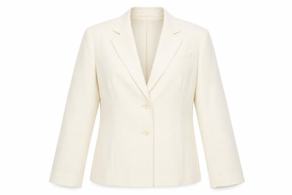 Front view of ELEGANCE women’s ivory striped polyester jacket suit jacket, size UK 14