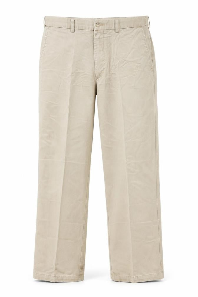 Front view of Dunnes men’s beige cotton trousers, size XL, 33-inch leg regular button
