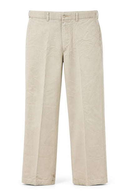 Front view of Dunnes men’s beige cotton trousers, size XL, 33-inch leg regular button