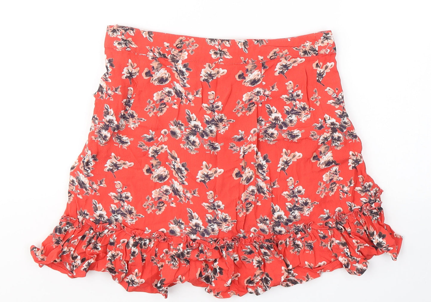 Topshop Womens Red Floral Viscose Flare Skirt Size 8   Zip