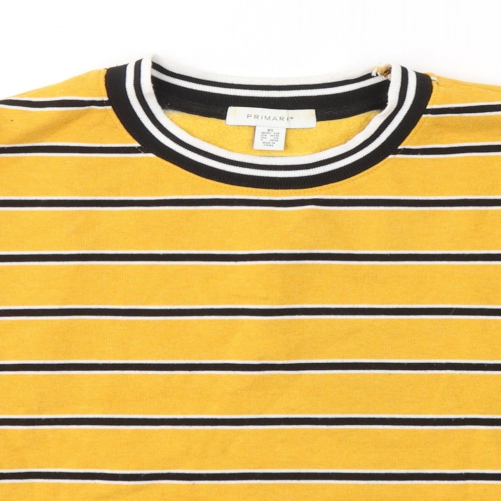 Close-up detail of Primark women’s yellow striped polyester pullover sweatshirt, size XS, pullover