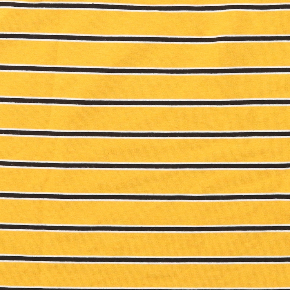 Brand and care label for Primark women’s yellow striped polyester pullover sweatshirt, size XS, pullover