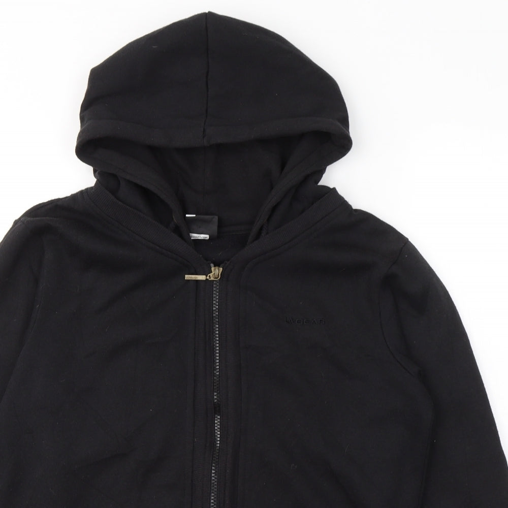 Close-up detail of LA Gear women’s black polyester full zip sweatshirt, size UK 12, zip