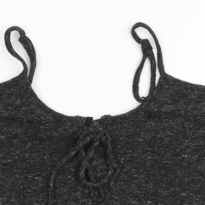 Close-up detail of FACTORIE women’s grey polyester cropped t-shirt, size S, round neck
