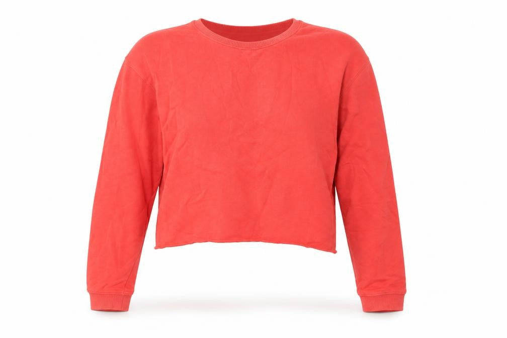 Front view of Miss Selfridge women’s red cotton pullover sweatshirt, size UK 8, pullover