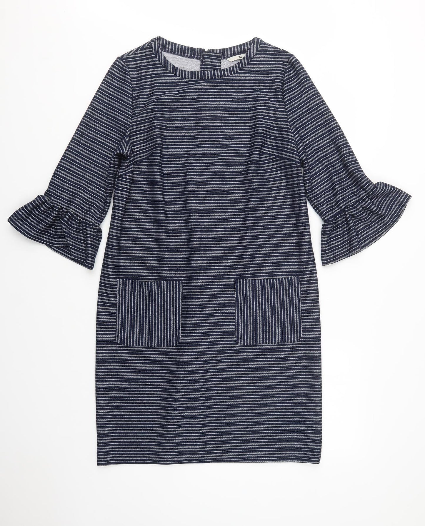 TU Womens Blue Striped Polyester Shift  Size 12  Crew Neck Zip