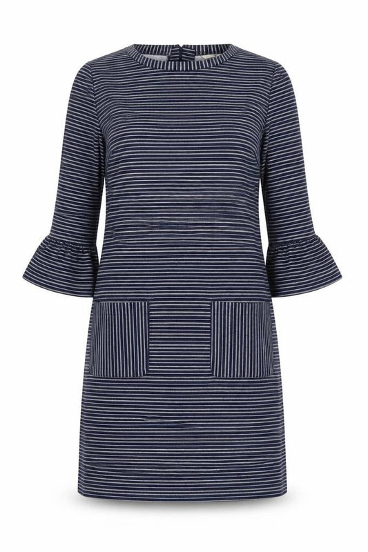 Front view of Tu women’s blue striped polyester shift, size UK 12, crew neck zip