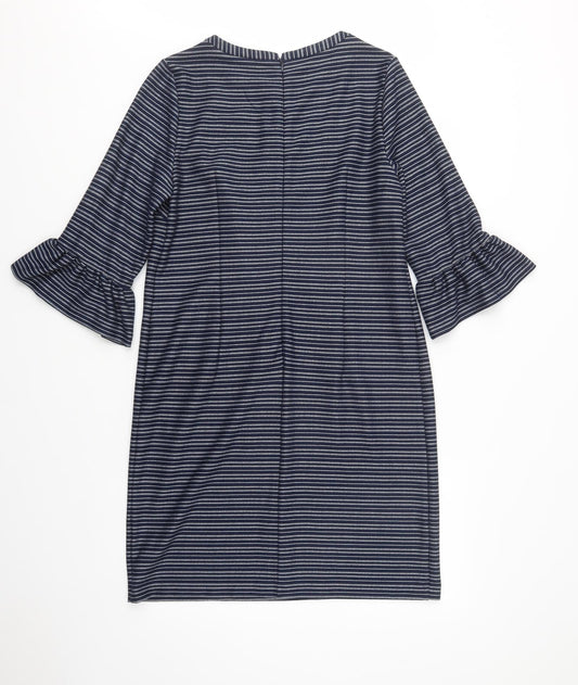TU Womens Blue Striped Polyester Shift  Size 12  Crew Neck Zip