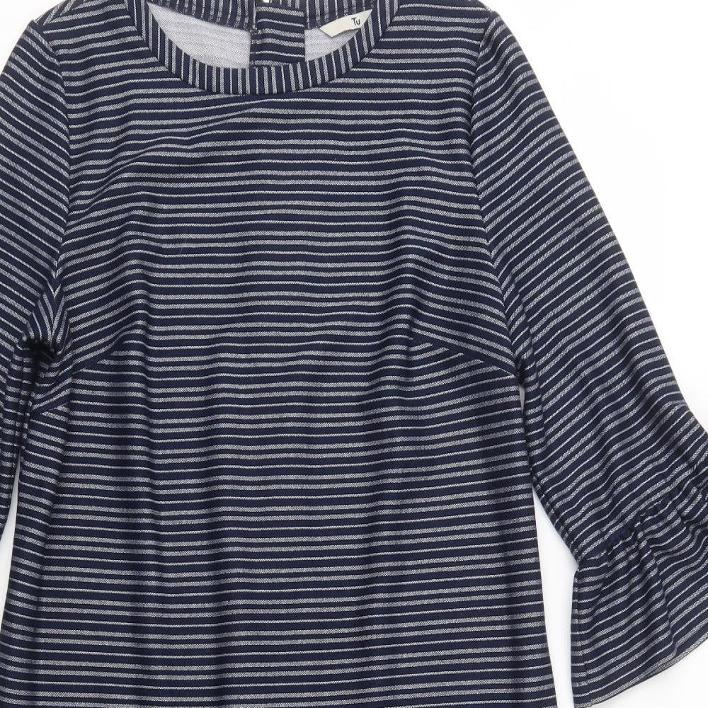 TU Womens Blue Striped Polyester Shift  Size 12  Crew Neck Zip