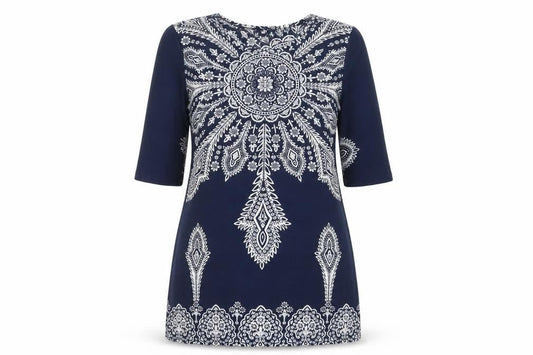 Front view of TG women’s blue paisley polyester shift, size UK 14, crew neck pullover